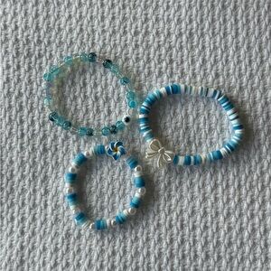 Handmade Blue White Clay Glass Bead Hibiscus Evil Eye Bow 3 Stretch Bracelet Set